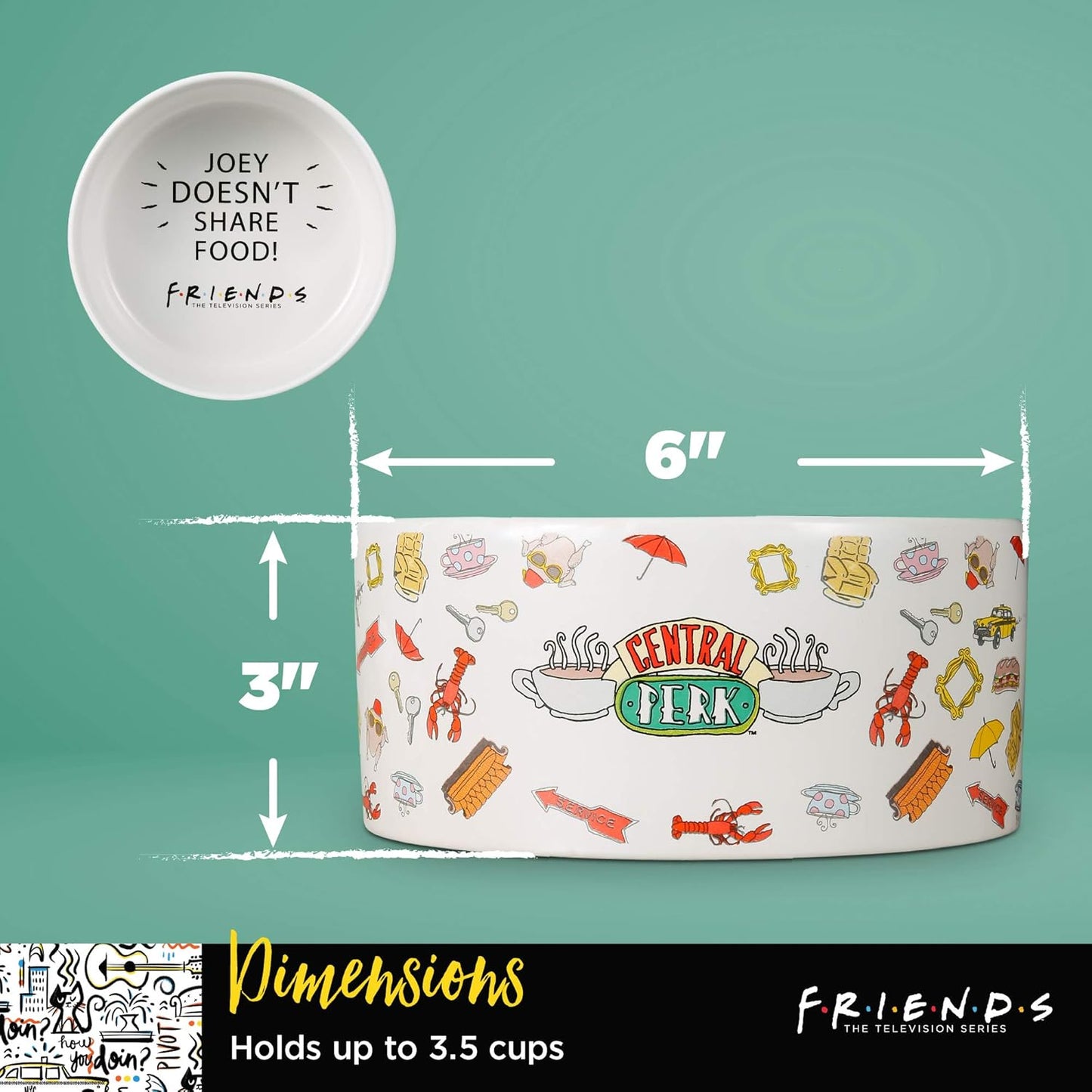 Warner Bros Friends TV Show Ceramic Dog Food Bowl, Multiple Styles | Dog Bowl, Friends TV Show, Friends Merchandise for Friends Fans | Dog Water Bowl or Dog Food Bowl for Wet or Dry Food