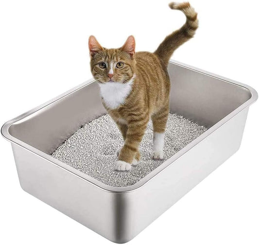 Stainless Steel Litter Box for Cat and Rabbit, Odor Control Litter Pan, Non Stick, Easy to Clean, Rust Proof, Large Size with High Sides and Non Slip Rubber Feet