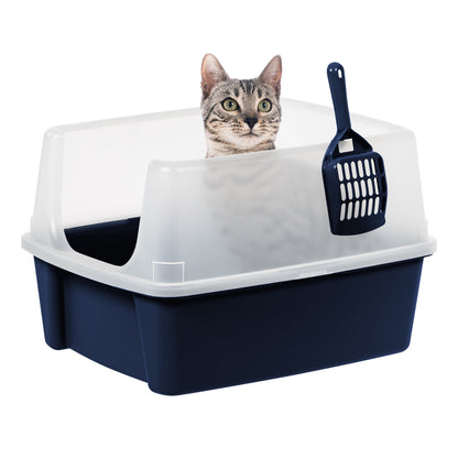 , High Sided Open Top Cat Litter Box with Scoop, Navy