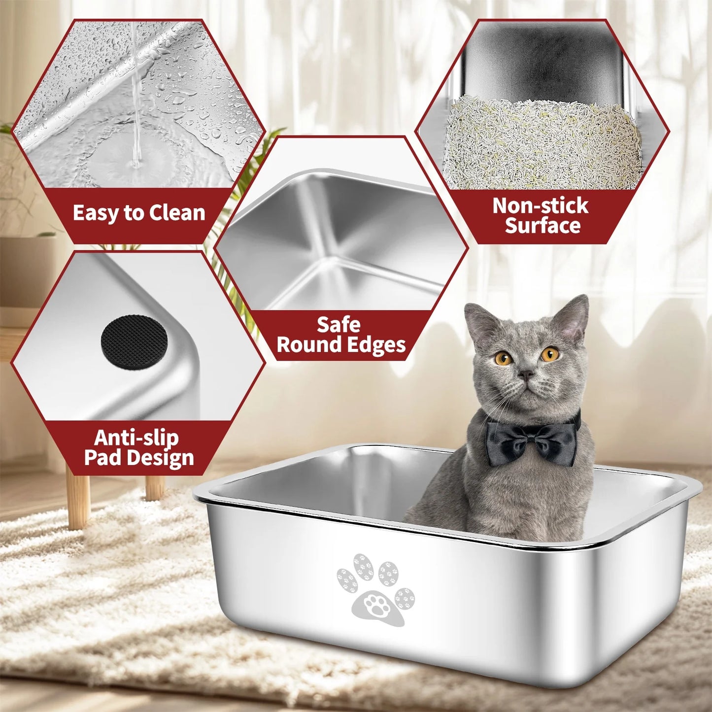 Cat Litter Box with High Sides Large Stainless Steel Cat Litter Pan 23.6" X 15.7" X 7.9"