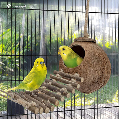 100% Natural Coconut Hideaway with Ladder, Bird and Small Animal Toy