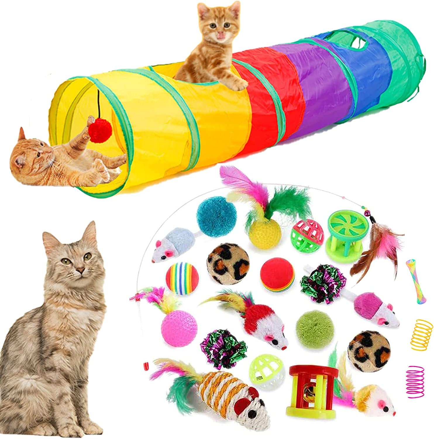 24Pcs Cat Toys Kitten Interactive Pet Toys Assortments, Foldable Rainbow S-Tunnel, Cat Feather Teaser, Wand Interactive Feather Toy, Fluffy Mouse, Crinkle Balls, Bell Play for Cat, Puppy, Kitty, Kitten