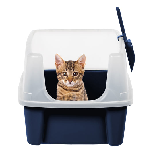 , High Sided Open Top Cat Litter Box with Scoop, Navy