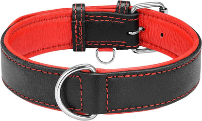 Riparo Genuine Leather Padded Dog Heavy Duty K-9 Adjustable Collar (M: 1” Wide for 14.5” - 17.5” Neck, Black/Red Thread)