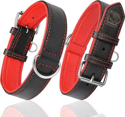 Riparo Genuine Leather Padded Dog Heavy Duty K-9 Adjustable Collar (M: 1” Wide for 14.5” - 17.5” Neck, Black/Red Thread)